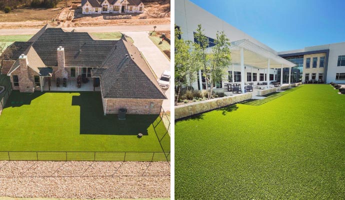 Collage of home and business area with artificial grass