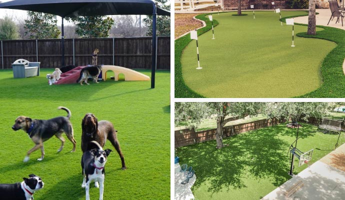 Collage showcasing various artificial turf types