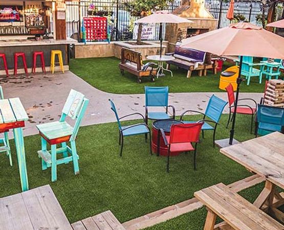 Beautiful store front with installed synthetic grass
