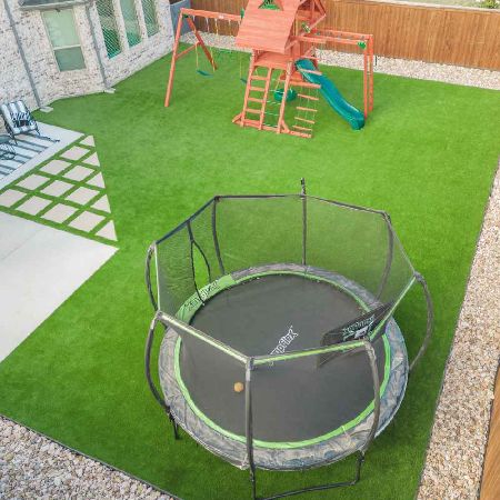 Residential Backyard Riverrock Pavers Strips Birdseye View